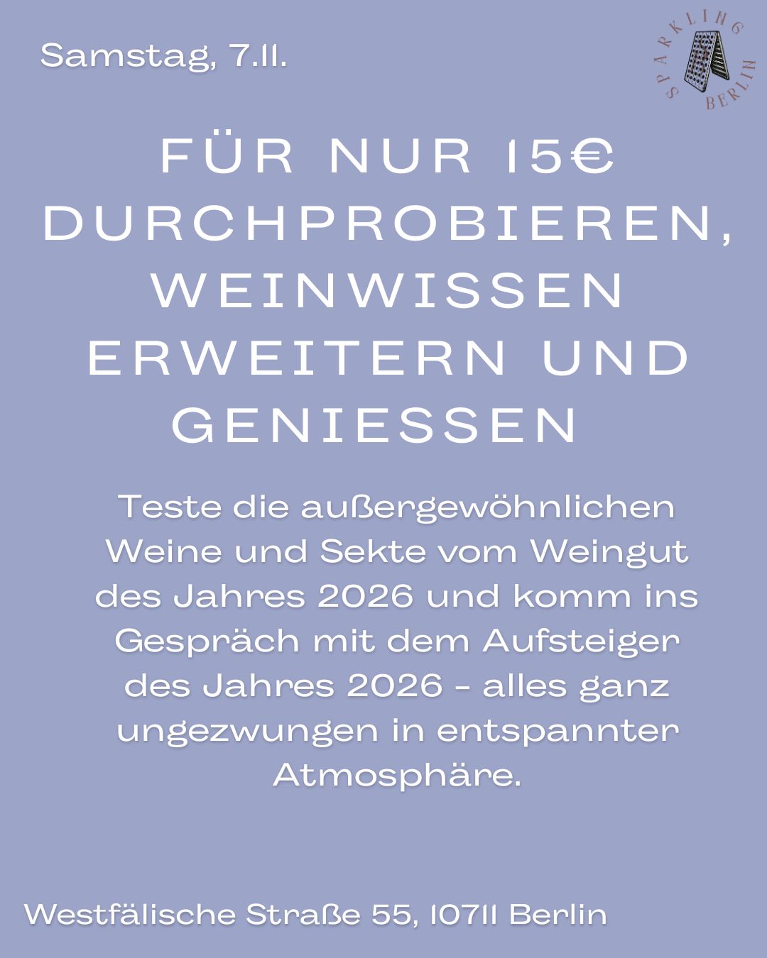 🍾Winzer*innen zu Gast | Sa 07.Nov · 18-21h · Charlotte by Sparkling Berlin